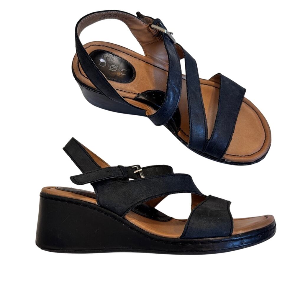 BOC Black Leather Strappy Wedge Sandals Womens 7 Comfort Shoes Beachy Summer